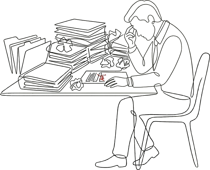 Stressed nonprofit professional reviewing documents at a cluttered desk